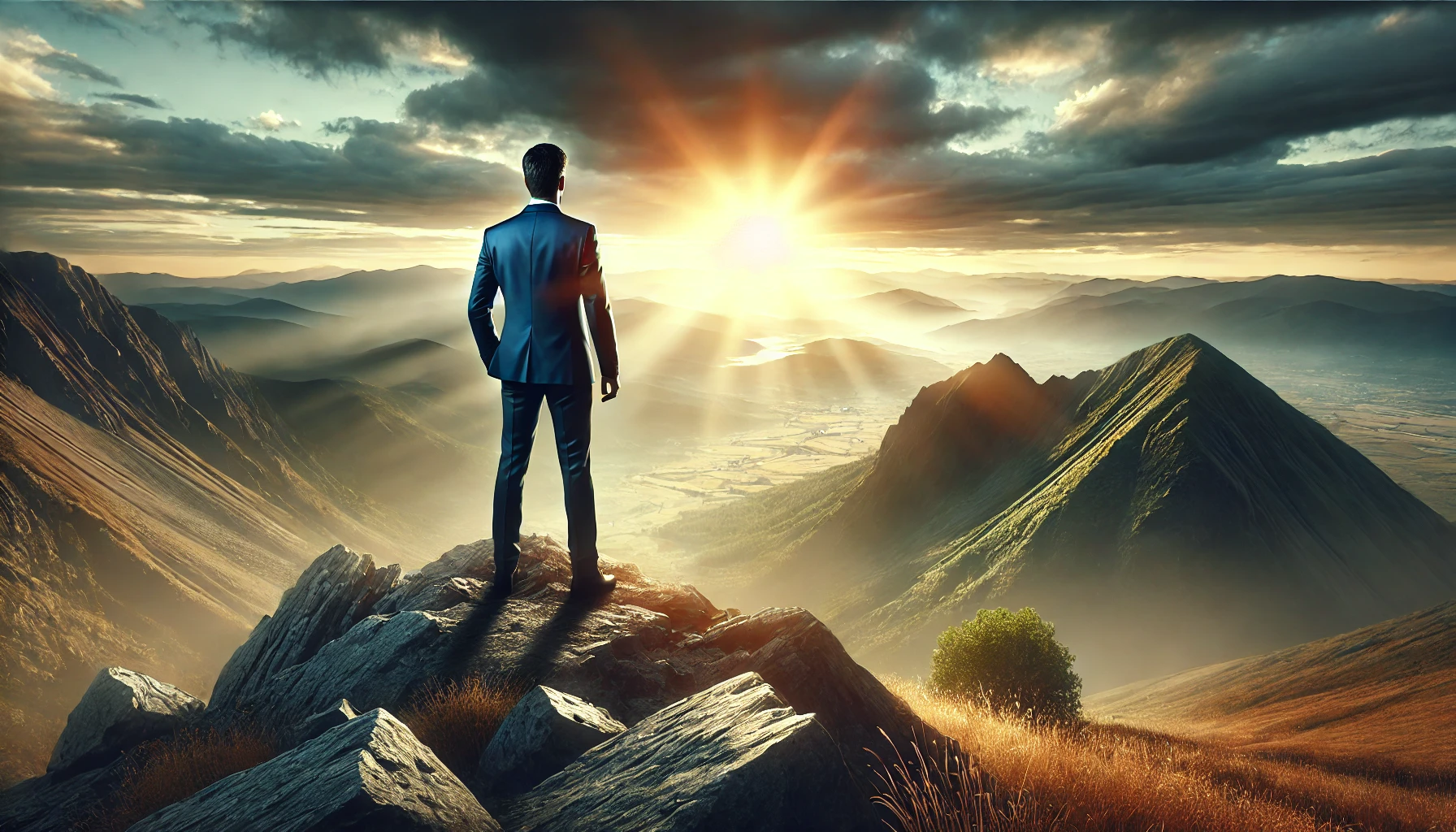 DALL·E 2025-03-10 18.58.22 – A powerful and inspiring image of a determined businessman standing on a mountain peak at sunrise, overlooking a vast landscape, symbolizing growth, l